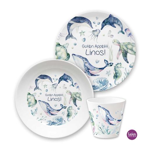 Kinder Geschirr Set  Unterwasserwelt | Kinderteller, Trinkbecher mit Namen aus Melamin BPA frei | Artikelnummer: 124555119  -7