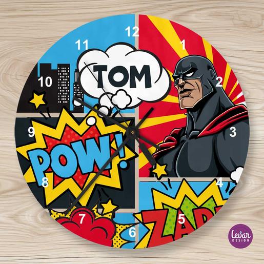 Hero - Superheld - Kinderzimmer Uhr  | Leise tickende Wanduhr für Kinder mit Namen personalisiert | Artikelnummer: 124579302-1