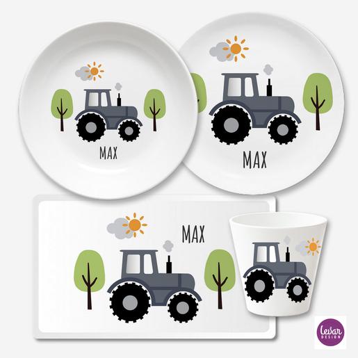 Kindergeschirr mit Namen personalisiert, Traktor | Geschirrset aus Melamin und BPA frei und hergestellt in Deutschland | Artikelnummer: 2276-5053-0373