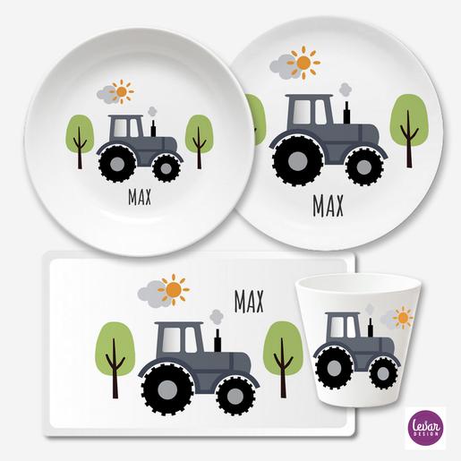 Kindergeschirr mit Namen personalisiert, Traktor | Geschirrset aus Melamin und BPA frei und hergestellt in Deutschland | Artikelnummer: 2276-5053-0373