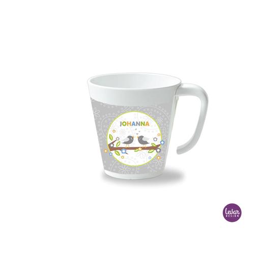 Kinderbecher mit Henkel, Vögel  | Henkelbecher groß, 325 ml,  Ø 9,7 cm, Höhe 10 cm | Artikelnummer: henkvoemint -1