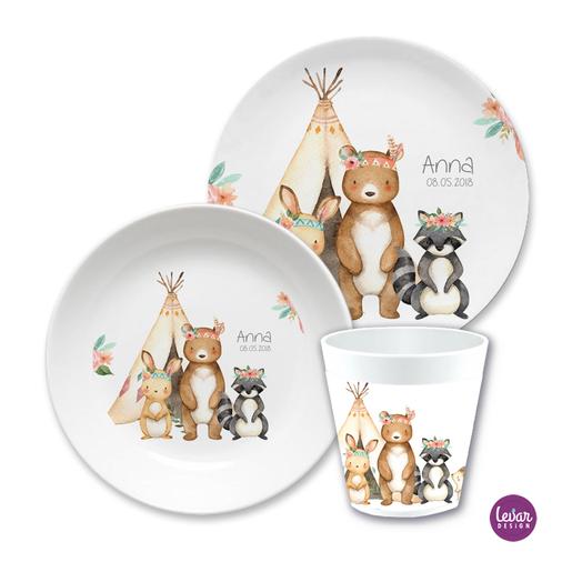 Kinderteller Geschirrset Waldtiere | Personalisiertes Kindergeschirr aus Melamin, 3 teilig | Artikelnummer: 544120 -3