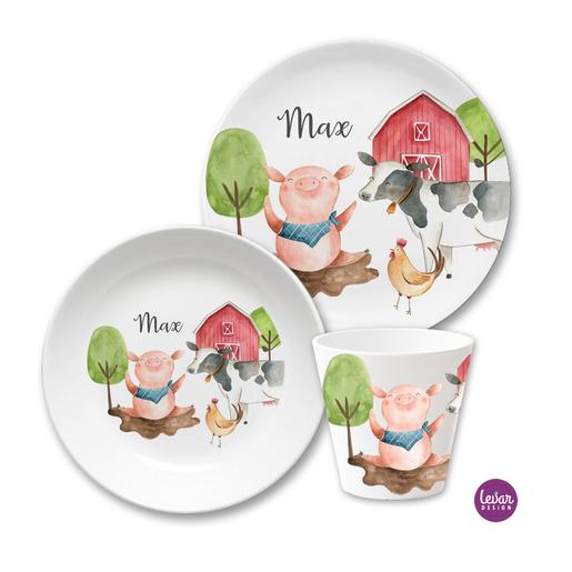 Bauernhof Kindergeschirrset Geschenk Taufe Geburt | Kinderteller, Trinkbecher mit Namen aus Melamin BPA frei | Artikelnummer: 596722 -1