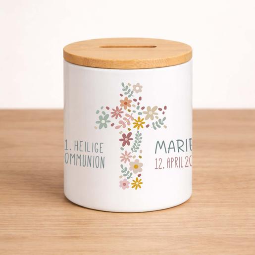 Spardose Blumenkreuz zur Kommunion  | Personalisierte Spardose mit Bambusdeckel | Artikelnummer: 121337 126