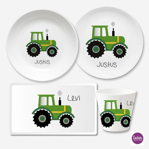 Kindergeschirr Set mit Namen personalisiert, Traktor - 4 teilig  | Melamingeschirr BPA frei, hergestellt in Deutschland  | Artikelnummer: 5252-3874-7084