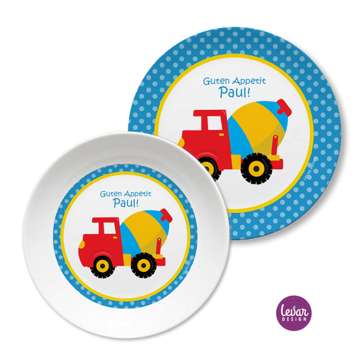 Kindergeschirr Set Betonmischer  | Kinderteller mit Namen aus Melamin BPA frei | Artikelnummer: kisetbagg1 -1