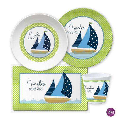 Kindergeschirr Set mit Namen personalisiert, Segelschiff | Geschirrset 4 teilig aus Melamin und BPA frei, hergestellt in Deutschland | Artikelnummer: 0477-8681-7163 -3