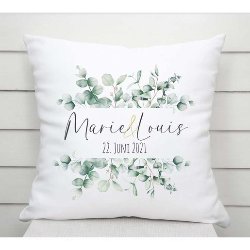 Kissen Hochzeitsgeschenk | Geschenkidee zur Hochzeit, Hochzeitstag, zum Valentinstag | Kissen mit Namen, Datum und Füllung - Eukalyptus | Artikelnummer: 91020120 -4