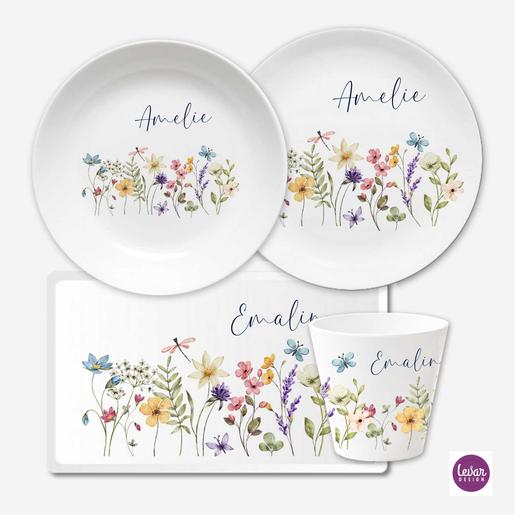 Kindergeschirr Set mit Namen personalisiert, Blumen | 4 teiliges Geschirrset aus Melamin und BPA frei, hergestellt in Deutschland | Artikelnummer: 2454-5588-5236 12