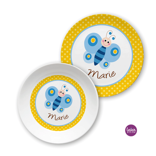 Kindergeschirr Schmetterling personalisiert | Levar Design  | Kinderteller mit Namen aus Melamin BPA frei | Artikelnummer: ki2set schmett -4