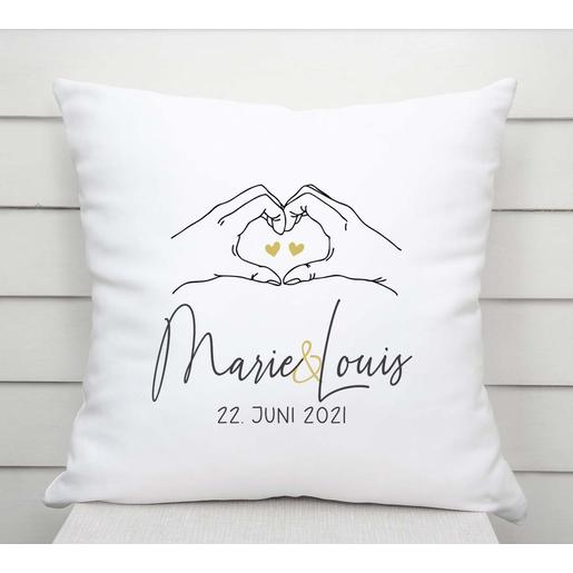 Kissen Hochzeitsgeschenk | Geschenkidee zur Hochzeit, Hochzeitstag, zum Valentinstag | Kissen mit Namen, Datum und Füllung - Hände | Artikelnummer: 3766-1334-4118 -5