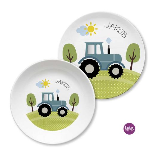 Kinderteller Geschirrset Traktor | Personalisiertes Kindergeschirr aus Melamin, 2 teilig | Artikelnummer: 7532-7603-1083 -3