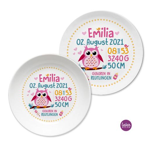 Geburtsteller Kindergeschirr Set Eule | Kinderteller, Becher mit Geburtsdaten aus Melamin BPA frei | Artikelnummer: 110145111 -6