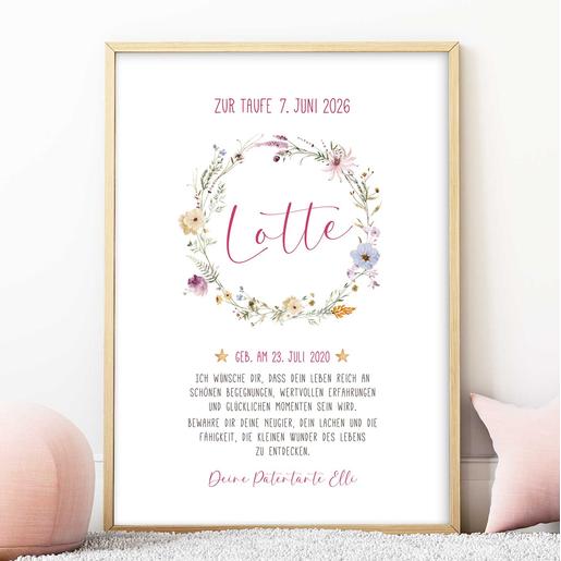 Patenbrief mit Namen - Blumenkranz | Fineart - Kunstdruck mit Namen und Geburtsdaten | Artikelnummer: 2331-7240-105891