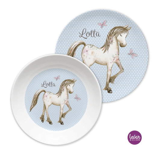Personalisierter Kinderteller Set Pferd  | Personalisiertes Kindergeschirr aus Melamin, 2 teilig | Artikelnummer: 51499100 -8