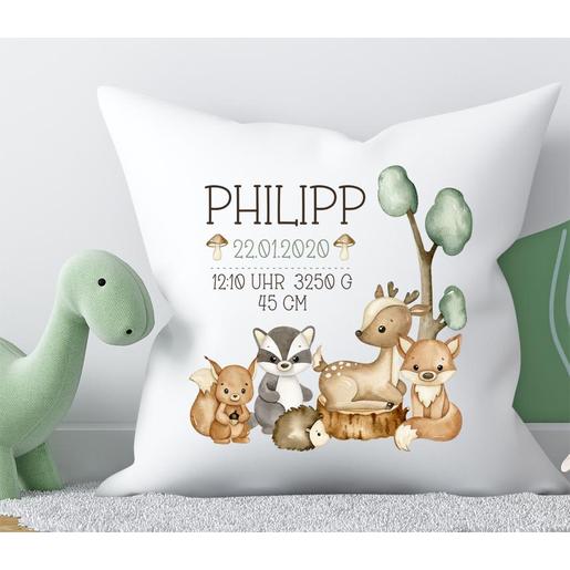 Kinderkissen Waldtiere | Geschenk für Mädchen & Jungen | personalisiert mit dem Namen des Kindes | Weiches Kissen für Kinder mit Füllung | Artikelnummer: 0670-2406-5340 -2