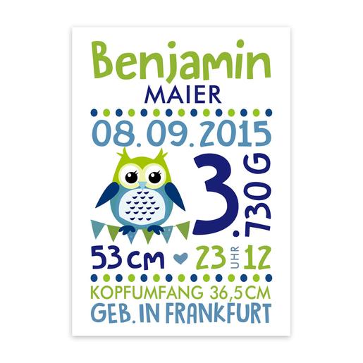 Namensbild, Geburtsanzeige Eule  | Personalisiertes Geburtsbild zur Geburt oder Taufe für Babys | Artikelnummer: 64519407 -2