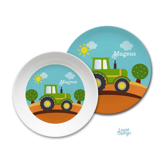 Kindergeschirr Traktor personalisiert | Levar Design  | Kinderteller mit Namen aus Melamin BPA frei | Artikelnummer: 117609595 -2
