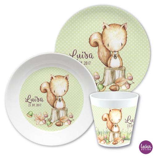 Kindergeschirr Eichhörnchen | Kinderteller, Trinkbecher mit Namen aus Melamin BPA frei | Artikelnummer: 158789 -1