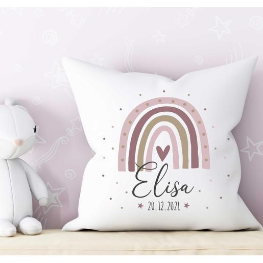 Kinderkissen Regenbogen | Geschenk für Mädchen & Jungen | mit Namen | Geburtsdaten Kissen personalisiert | Artikelnummer: 3713-7633-8283 -1