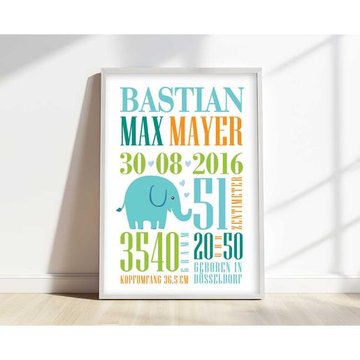 Poster Geburt | Geburtsanzeige Elefant Typo  | Personalisiertes Geburtsbild zur Geburt oder Taufe für Babys | Artikelnummer: 64751343 -7
