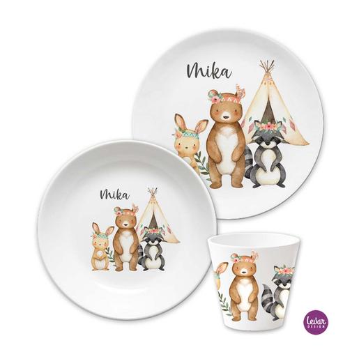 Kindergeschirr Set, Waldtiere, Waschbär | 3teiliges Geschirrset aus Melamin und BPA frei für Kinder | Artikelnummer: 3014-3866-1027 -1