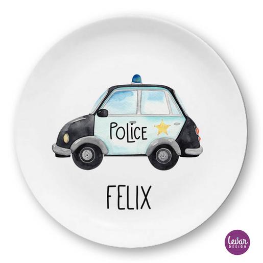 Kinderteller Bagger, Polizei, Krankenwagen | Personalisiertes Kindergeschirr aus Melamin, 2 teilig | Artikelnummer: 1034-0068-2717 -3