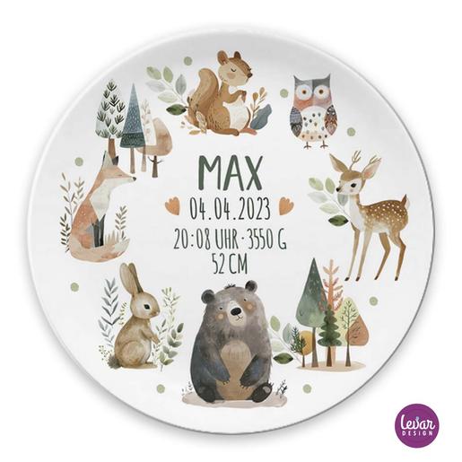 Geburtsteller, Taufteller Waldtiere für Kinder | Melaminteller mit Namen für Kinder | Hochwertiger Melaminteller für Kinder | Artikelnummer: 2715-1541-1784 -11