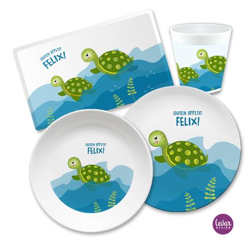 Kindergeschirr Set mit Namen personalisiert, Schildkröten- 4 teilig  | Geschirrset aus Melamin und BPA frei, hergestellt in Deutschland | Artikelnummer: 7440-0576-3828
