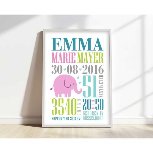Poster Geburt | Geburtsanzeige Elefant Typo  | Personalisiertes Namensbild zur Geburt oder Taufe | Artikelnummer: 64751343 -3 Kopie
