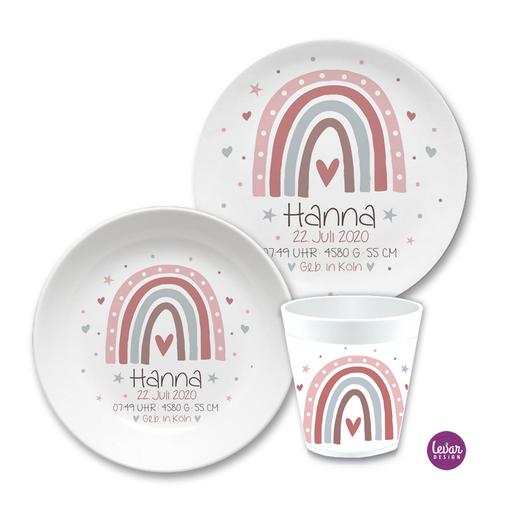 Geburtsteller Taufteller, Regenbogen mit Namen und Geburtsdaten | Trinkbecher mit Geburtsdaten aus Melamin, BPA frei | Artikelnummer: 3433-7643-2173 -7