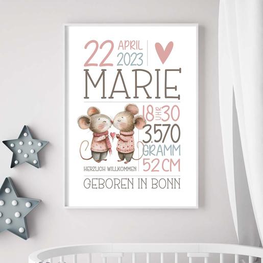Geburtsanzeige | Kinderzimmerposter | Namensposter Mäuse | Kunstdruck auf Aquarellpapier | Artikelnummer: 0544-2265-4532 -1