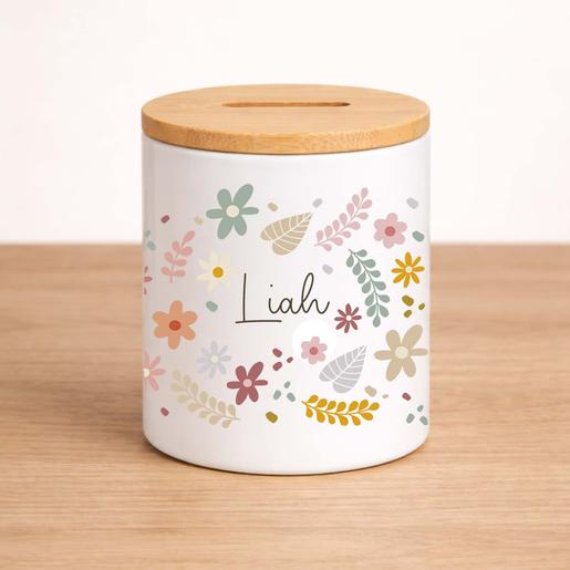 Personalisierte Spardose Blüten | Personalisierte Spardose mit Bambusdeckel | Artikelnummer: 121337 126 Kopie