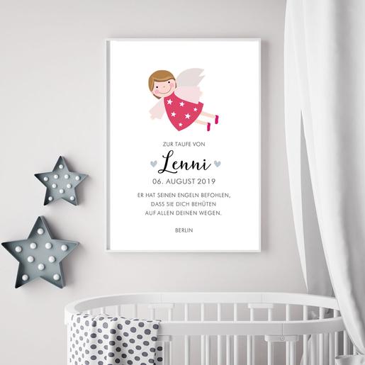 Taufgeschenk Mädchen, Geschenk zur Taufe, Kunstdruck Schutzengel personalisiert  | Schutzengel Kinderzimmerbild mit Namen | Artikelnummer: 7733-5112-1346 -1