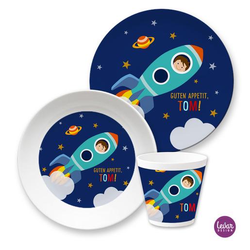 Kindergeschirr Set Rakete  | Kinderteller, Trinkbecher mit Namen aus Melamin BPA frei | Artikelnummer: kischp1 -3