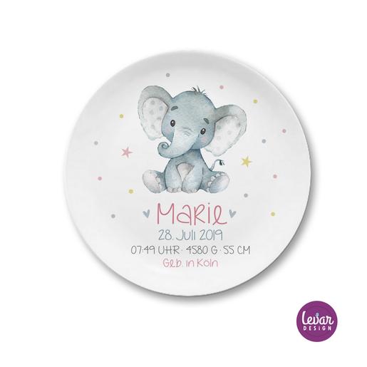 Personalisiertes Geschenk Baby zur Geburt | Geburtsteller – Taufgeschenk – Elefant | Baby Geschenk zur Geburt | Kinderteller mit Namen aus Melamin BPA frei | Artikelnummer: 58070255 -5