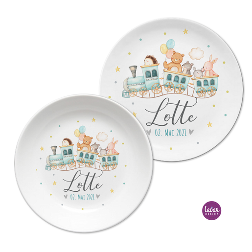 Kindergeschirr Set, Eisenbahn | Kinderteller mit Namen aus Melamin BPA frei | Artikelnummer: 99511807 -1