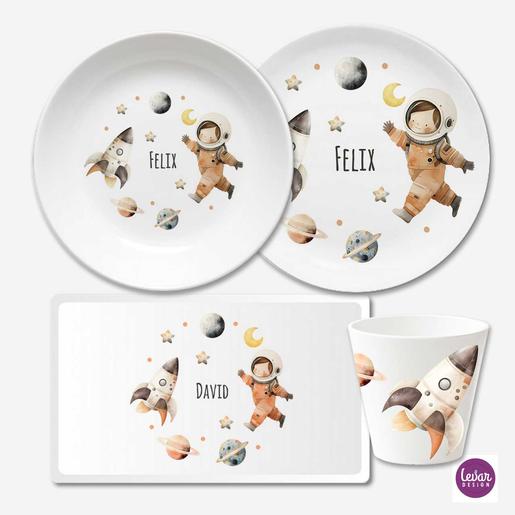 Kindergeschirr Set Teller Weltall | Brettchen, Becher, und 2 Teller mit Namen aus Melamin, BPA frei | Artikelnummer: kisetbabu