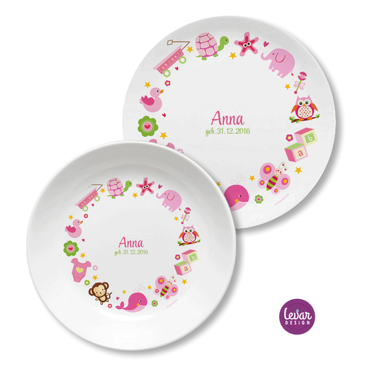 Kindergeschirr Spielzeug personalisiert | Levar Design | Kinderteller mit Namen aus Melamin BPA frei | Artikelnummer: kisetspiel1 -1