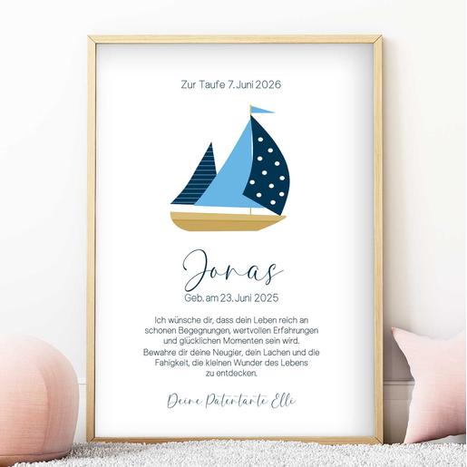 Personalisierter Patenbrief zur Taufe mit Namen - Segelschiff | Fineart - Kunstdruck mit Namen und Geburtsdaten | Artikelnummer: 2331-7240-10589 -10