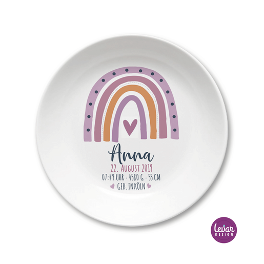 Kinderteller Regenbogen mit Namen und Geburtsdaten | Kindergeschirr Set aus Melamin, BPA frei | Artikelnummer: 1623-0075-6170 -5