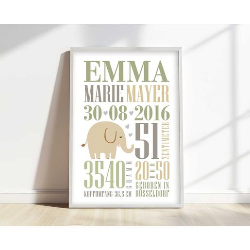 Poster Geburt | Geburtsanzeige Elefant Typo  | Personalisiertes Geburtsbild zur Geburt oder Taufe für Babys | Artikelnummer: 64751343 -4