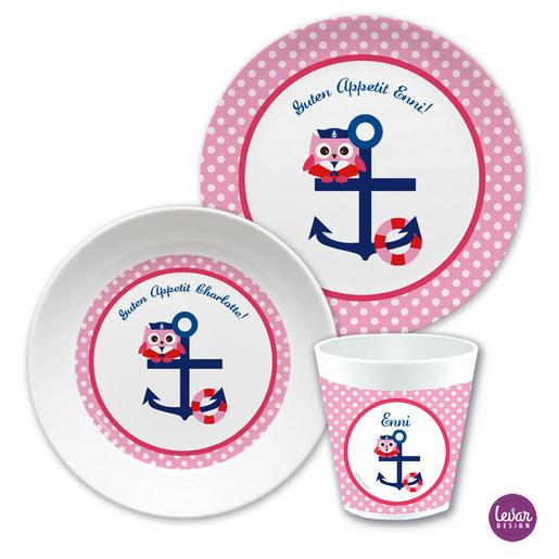 Kindergeschirr Set mit Namen personalisiert, Eule | Kinderteller, Trinkbecher mit Namen aus Melamin BPA frei | Artikelnummer: ki3setanker -1