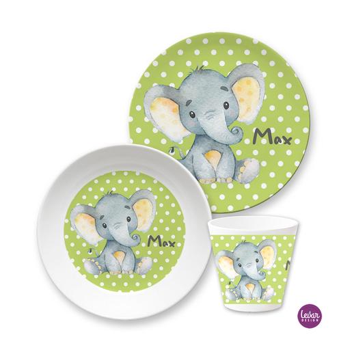 Baby Elefant Kindergeschirr Set  | Kinderteller, Trinkbecher mit Namen aus Melamin BPA frei | Artikelnummer: ki2setreh -2