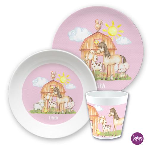 Kindergeschirr Set Bauernhof Pferd | Kinderteller, Trinkbecher mit Namen aus Melamin BPA frei | Artikelnummer: 15895100 -1