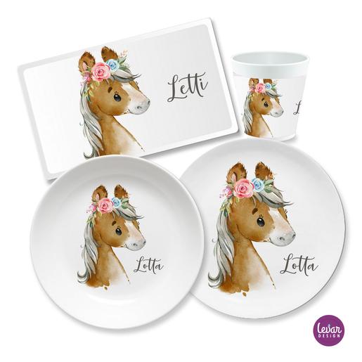 Kindergeschirr Set mit Namen personalisiert, Pony - 4 teilig  | Geschirrset aus Melamin und BPA frei, hergestellt in Deutschland | Artikelnummer: 5164-7258-1655