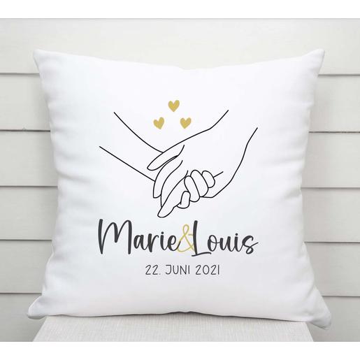 Kissen Hochzeitsgeschenk | Geschenkidee zur Hochzeit, Hochzeitstag, zum Valentinstag | Kissen mit Namen, Datum und Füllung - Hände | Artikelnummer: 3766-1334-4118 -3