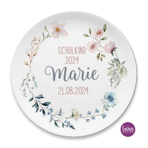 Blumenkranz Kindergeschirr | Kinderteller mit Namen aus Melamin BPA frei | Artikelnummer: kisetbreline -2