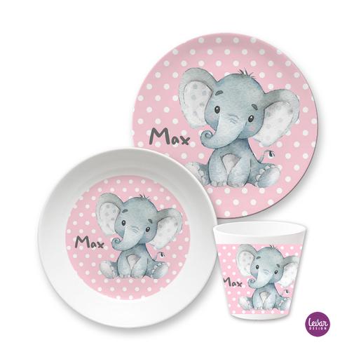 Baby Elefant Kindergeschirr Set  | Kinderteller, Trinkbecher mit Namen aus Melamin BPA frei | Artikelnummer: ki2setreh -1