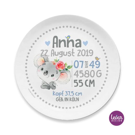 Teller mit Namen personalisiert zur Geburt, Koala | Kinderschüssel mit Geburtsdaten aus Melamin BPA frei | Artikelnummer: 1572-2842-8428 -1
